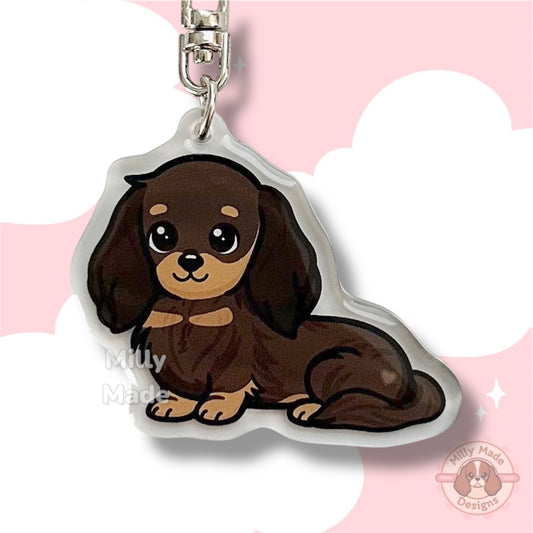 Chocolate and Tan Dachshund Longhaired Doxie Acrylic Dog Keychain with Epoxy Resin | Easy-Clip, Cute Dog Cartoon, Hand-Drawn Design, Dog Lover Gift