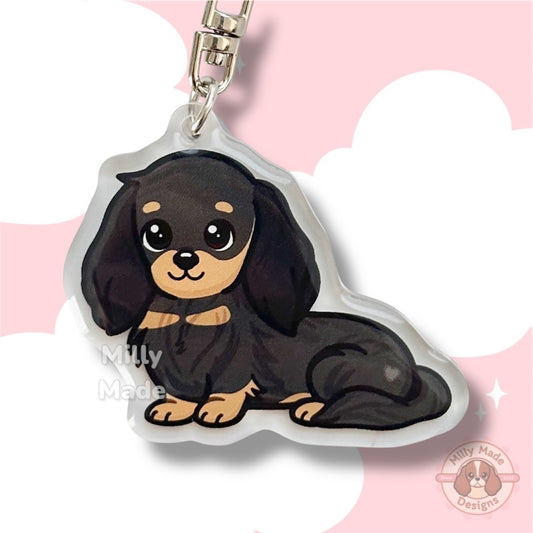 Black and Tan Dachshund Longhaired Doxie Acrylic Dog Keychain with Epoxy Resin | Easy-Clip, Cute Dog Cartoon, Hand-Drawn Design, Dog Lover Gift