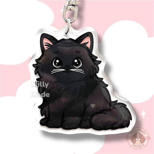 Black Longhaired Cat Acrylic Keychain with Epoxy Resin | Easy-Clip, Cute Cat Cartoon, Hand-Drawn Design, Cat Lover Gift