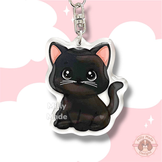 Black Shorthaired Cat Acrylic Keychain with Epoxy Resin | Easy-Clip, Cute Cat Cartoon, Hand-Drawn Design, Cat Lover Gift