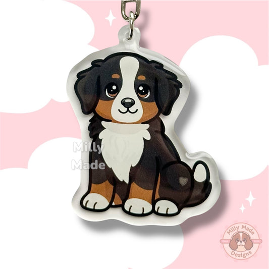 Bernese Mountain Dog Acrylic Keychain with Epoxy Resin | Easy-Clip, Cute Dog Cartoon, Hand-Drawn Design, Dog Lover Gift