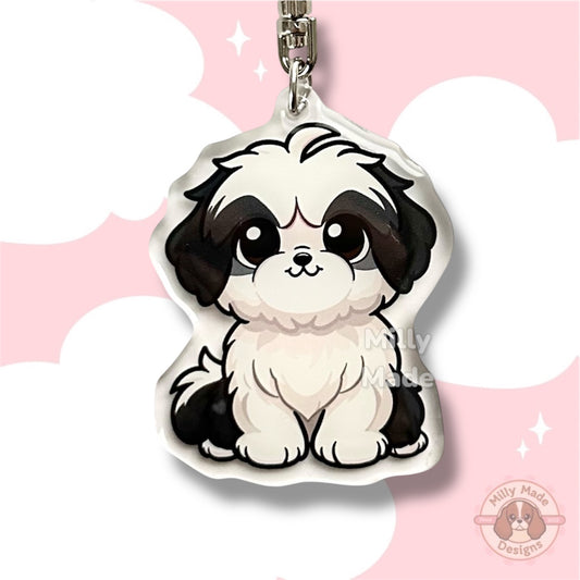 Black and White Shih Tzu Shorthaired Acrylic Dog Keychain with Epoxy Resin | Easy-Clip, Cute Dog Cartoon, Hand-Drawn Design, Dog Lover Gift