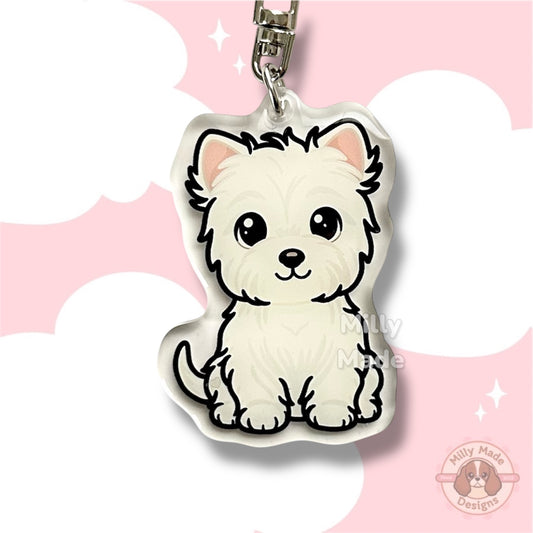 West Highland White Terrier Westie Acrylic Dog Keychain with Epoxy Resin | Easy-Clip, Cute Dog Cartoon, Hand-Drawn Design, Dog Lover Gift