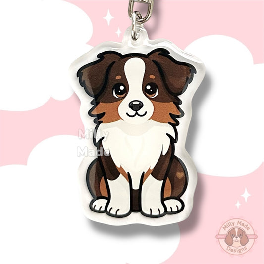 Red Tri-Color Australian Shepherd Aussie Acrylic Dog Keychain with Epoxy Resin | Easy-Clip, Cute Dog Cartoon, Hand-Drawn Design, Dog Lover Gift