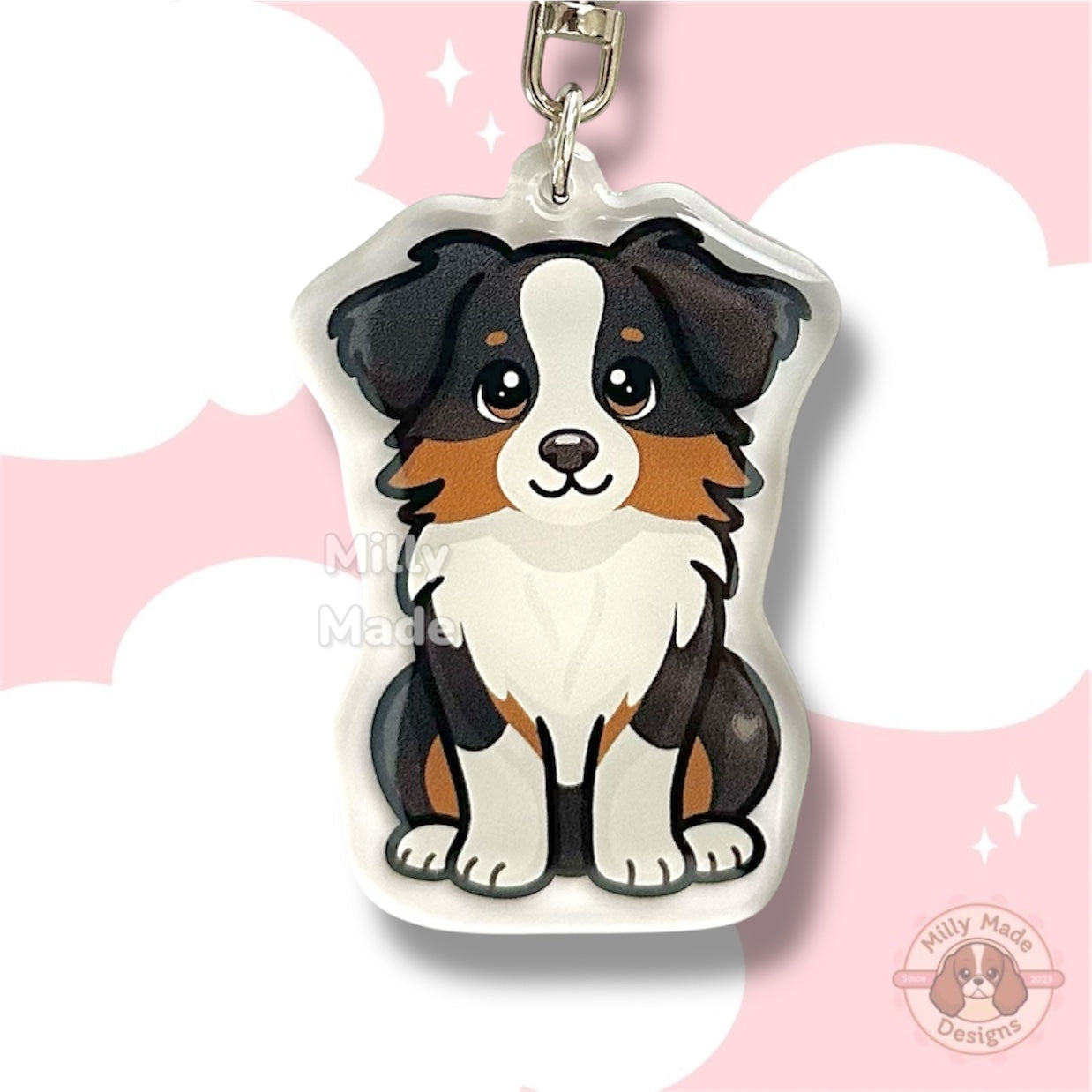 Black Tri-Color Australian Shepherd Aussie Acrylic Dog Keychain with Epoxy Resin | Easy-Clip, Cute Dog Cartoon, Hand-Drawn Design, Dog Lover Gift