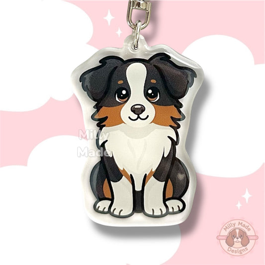 Black Tri-Color Australian Shepherd Aussie Acrylic Dog Keychain with Epoxy Resin | Easy-Clip, Cute Dog Cartoon, Hand-Drawn Design, Dog Lover Gift