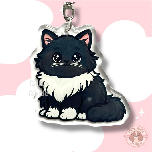 Black Longhaired Tuxedo Cat Acrylic Keychain with Epoxy Resin | Easy-Clip, Cute Cat Cartoon, Hand-Drawn Design, Cat Lover Gift