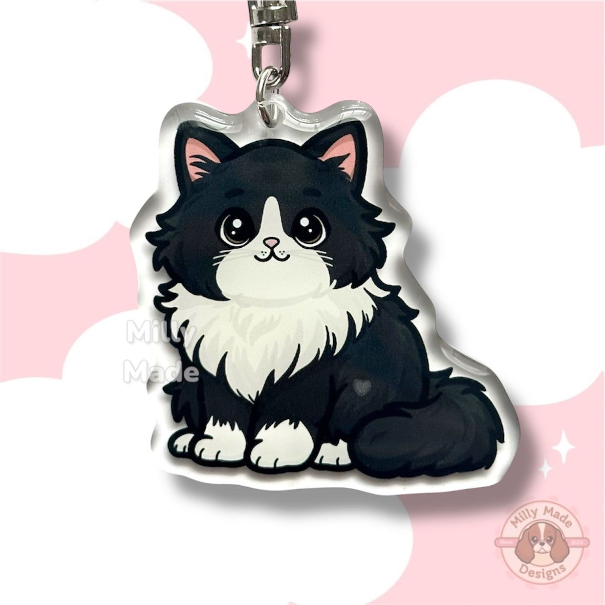 Black Longhaired Tuxedo Cat Acrylic Keychain with Epoxy Resin | Easy-Clip, Cute Cat Cartoon, Hand-Drawn Design, Cat Lover Gift