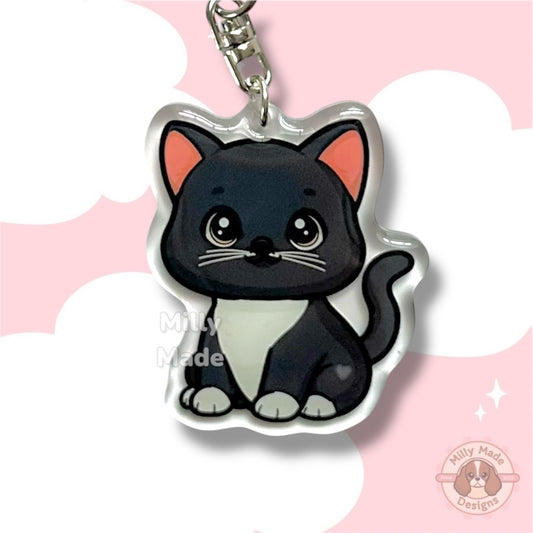 Black Shorthaired Tuxedo Cat Acrylic Keychain with Epoxy Resin | Easy-Clip, Cute Cat Cartoon, Hand-Drawn Design, Cat Lover Gift