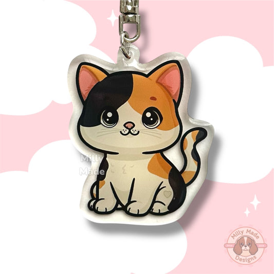 Calico Shorthaired Cat Acrylic Keychain with Epoxy Resin | Easy-Clip, Cute Cat Cartoon, Hand-Drawn Design, Cat Lover Gift