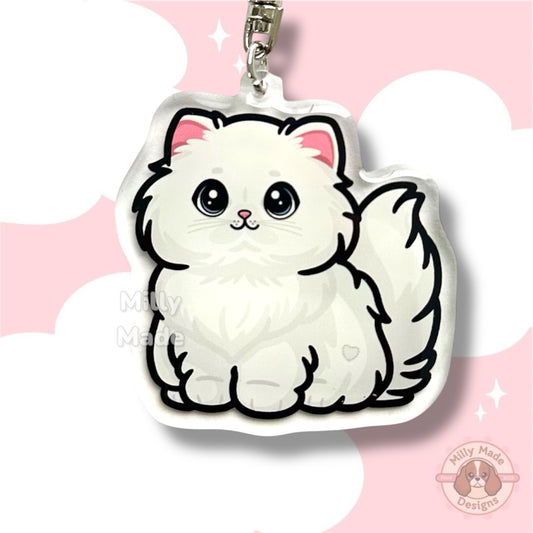 White Persian Longhaired Cat Acrylic Keychain with Epoxy Resin | Easy-Clip, Cute Cat Cartoon, Hand-Drawn Design, Cat Lover Gift
