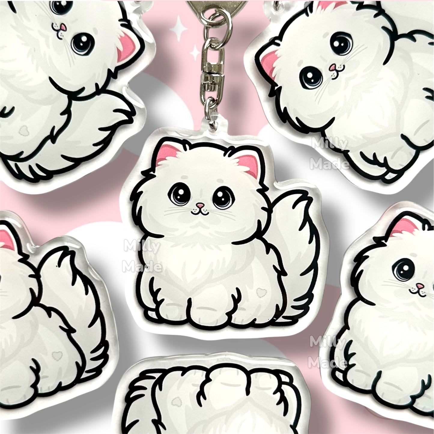 White Persian Longhaired Cat Acrylic Keychain with Epoxy Resin | Easy-Clip, Cute Cat Cartoon, Hand-Drawn Design, Cat Lover Gift