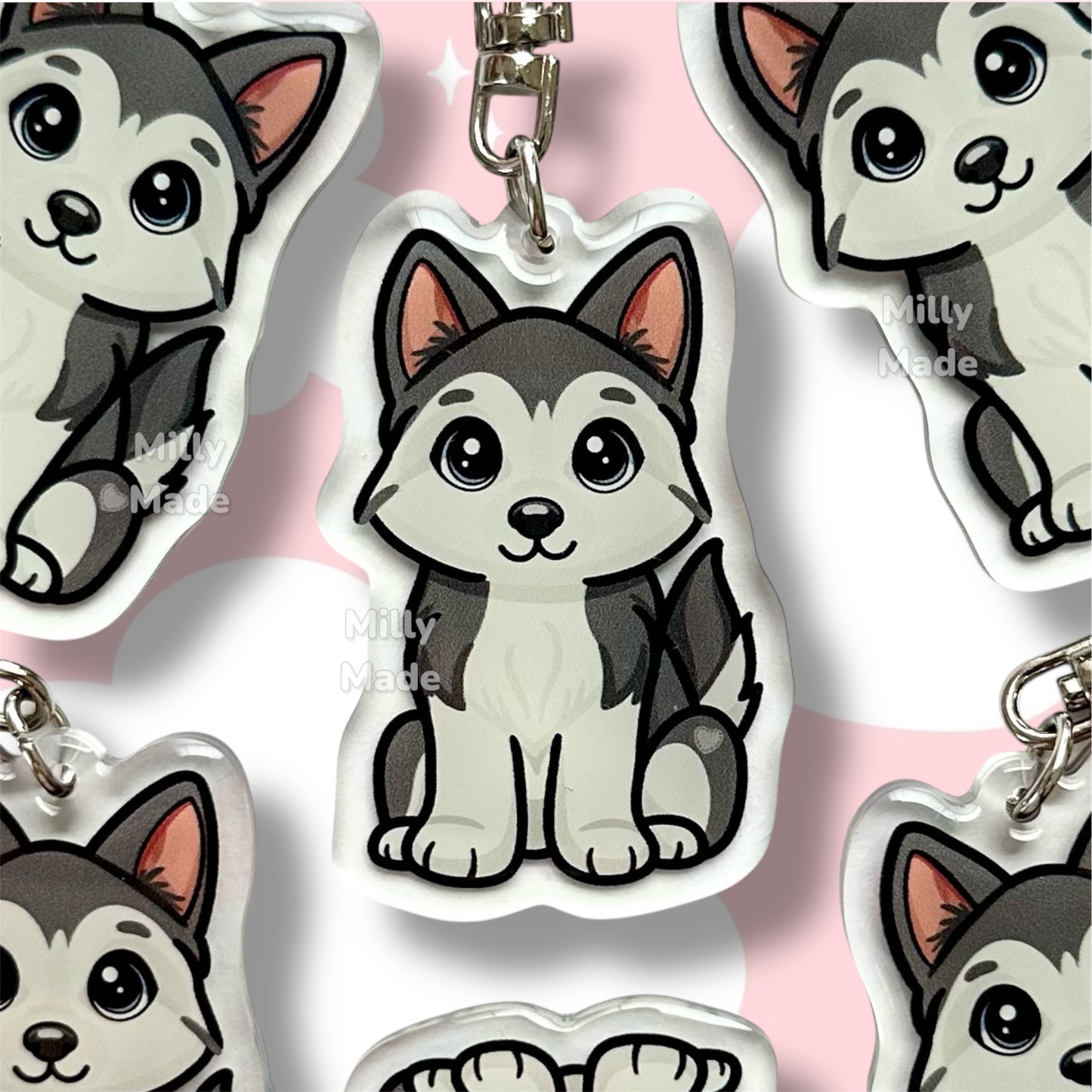 Gray Siberian Husky Acrylic Dog Keychain with Epoxy Resin | Easy-Clip, Cute Dog Cartoon, Hand-Drawn Design, Dog Lover Gift