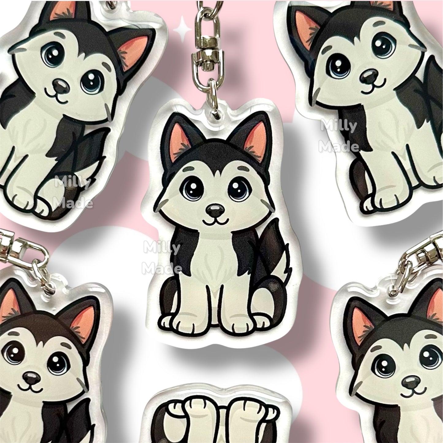 Black Siberian Husky Acrylic Dog Keychain with Epoxy Resin | Easy-Clip, Cute Dog Cartoon, Hand-Drawn Design, Dog Lover Gift