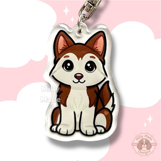 Red Siberian Husky Acrylic Dog Keychain with Epoxy Resin | Easy-Clip, Cute Dog Cartoon, Hand-Drawn Design, Dog Lover Gift