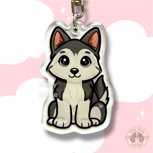 Gray Siberian Husky Acrylic Dog Keychain with Epoxy Resin | Easy-Clip, Cute Dog Cartoon, Hand-Drawn Design, Dog Lover Gift