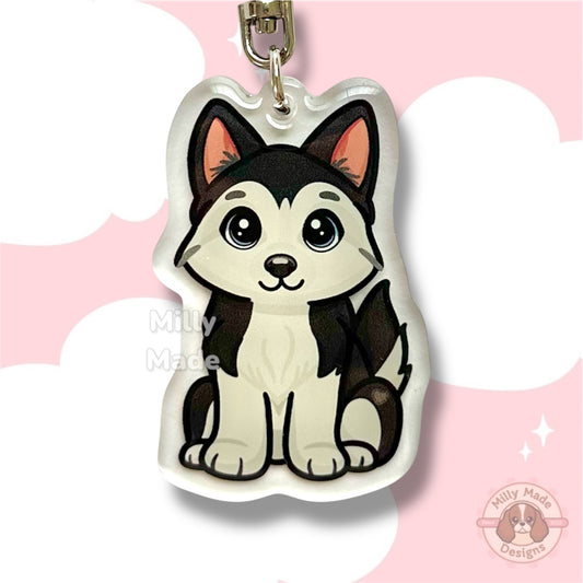 Black Siberian Husky Acrylic Dog Keychain with Epoxy Resin | Easy-Clip, Cute Dog Cartoon, Hand-Drawn Design, Dog Lover Gift