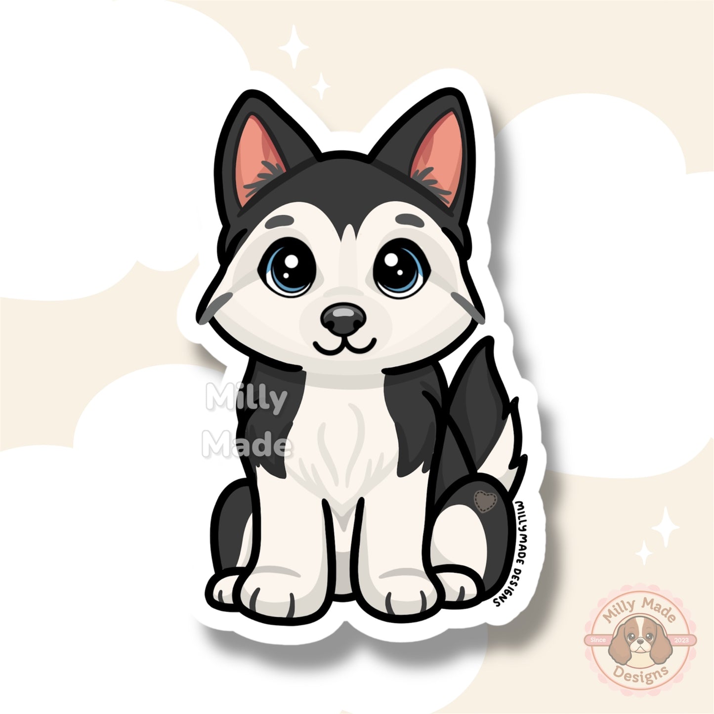 Black Siberian Husky Dog Sticker | Cute Cartoon Vinyl Decal | Durable | For Laptops, Journals | Dog Lover Gift