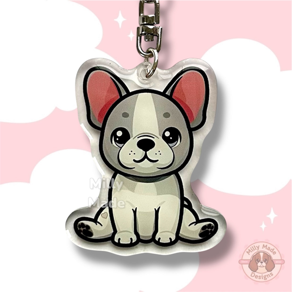Blue French Bulldog Frenchie Acrylic Dog Keychain with Epoxy Resin | Easy-Clip, Cute Dog Cartoon, Hand-Drawn Design, Dog Lover Gift