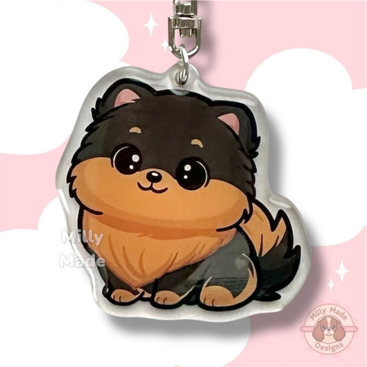 Black and Tan Pomeranian Acrylic Dog Keychain with Epoxy Resin | Easy-Clip, Cute Dog Cartoon, Hand-Drawn Design, Dog Lover Gift