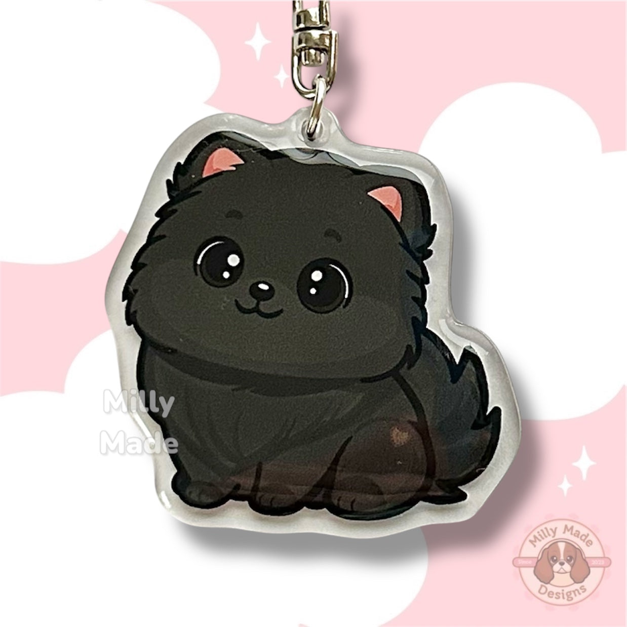 Black Pomeranian Acrylic Dog Keychain with Epoxy Resin | Easy-Clip, Cute Dog Cartoon, Hand-Drawn Design, Dog Lover Gift