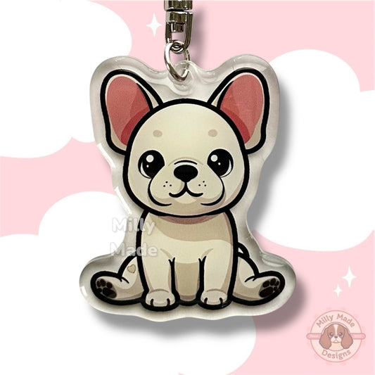 Cream French Bulldog Frenchie Acrylic Dog Keychain with Epoxy Resin | Easy-Clip, Cute Dog Cartoon, Hand-Drawn Design, Dog Lover Gift