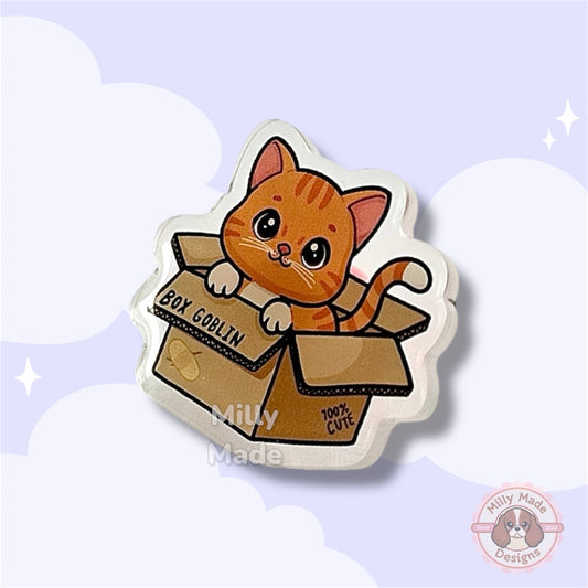 Orange Cat Box Goblin Acrylic Pin with Epoxy Resin | Cute Cat Cartoon | Hand-Drawn Design