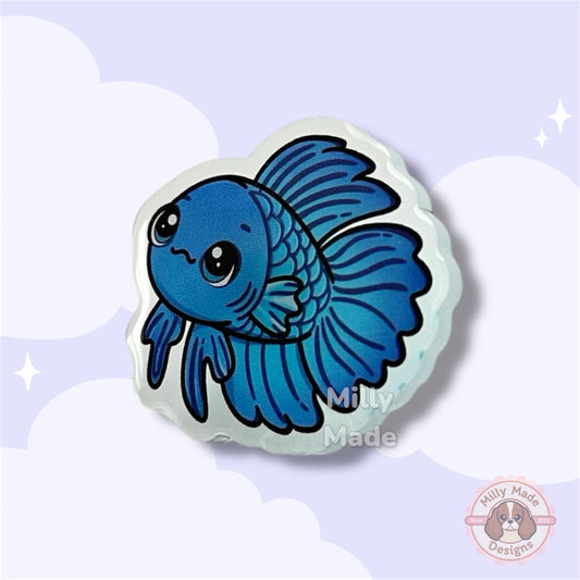 Blue Betta Fish Acrylic Pin with Epoxy Resin | Cute Fish Cartoon | Hand-Drawn Design
