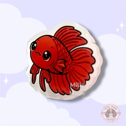 Red Betta Fish Acrylic Pin with Epoxy Resin | Cute Fish Cartoon | Hand-Drawn Design