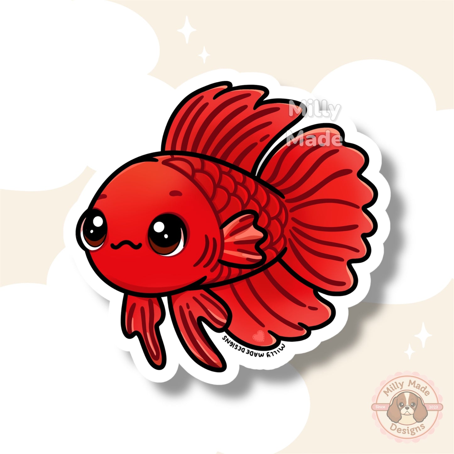 Red Betta Fish Sticker | Cute Cartoon Vinyl Decal | Durable | For Laptops, Journals | Fish Aquarium Lover Gift