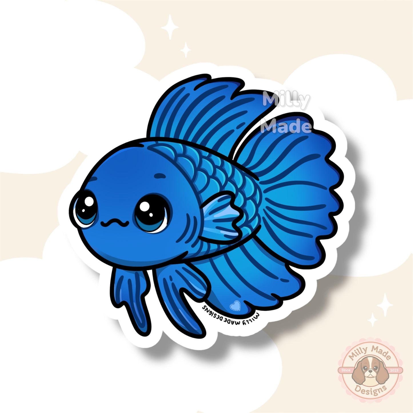 Blue Betta Fish Sticker | Cute Cartoon Vinyl Decal | Durable | For Laptops, Journals | Fish Aquarium Lover Gift