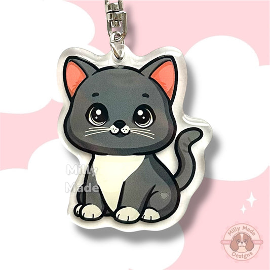 Gray Shorthaired Cat Acrylic Keychain with Epoxy Resin | Easy-Clip, Cute Cat Cartoon, Hand-Drawn Design, Cat Lover Gift