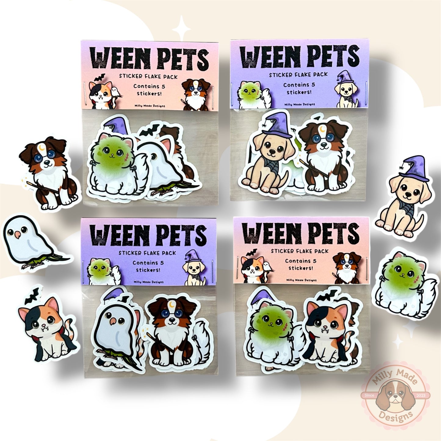 Ween Pets - Sticker Flake Pack | Water Resistant | 5 Halloween Mini Pet Die-Cut Stickers