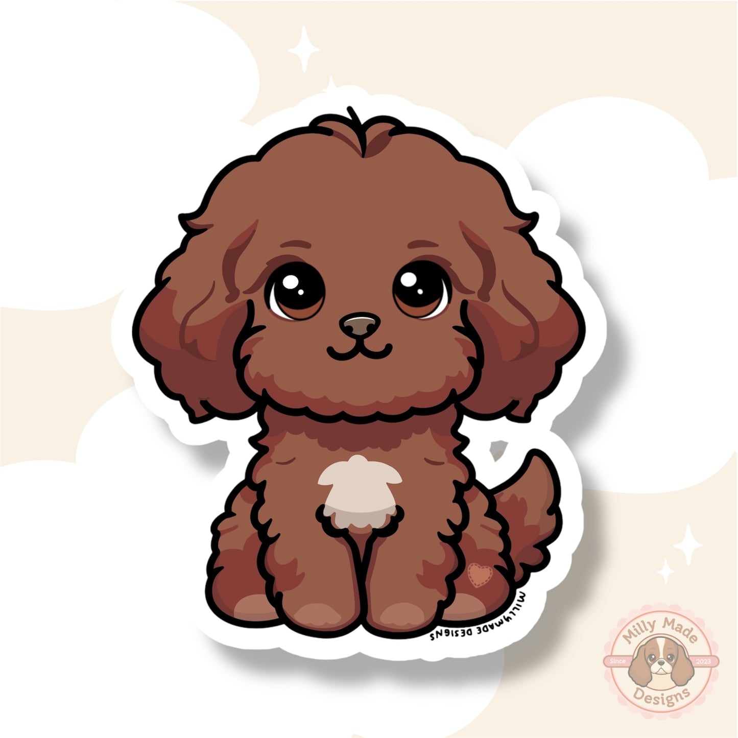 Ruby Brown Cavapoo Cavoodle with White Chest Marking, Waterproof Vinyl Dog Breed Sticker
