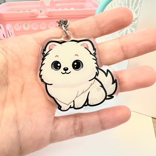 White Pomeranian Acrylic Dog Breed Keychain