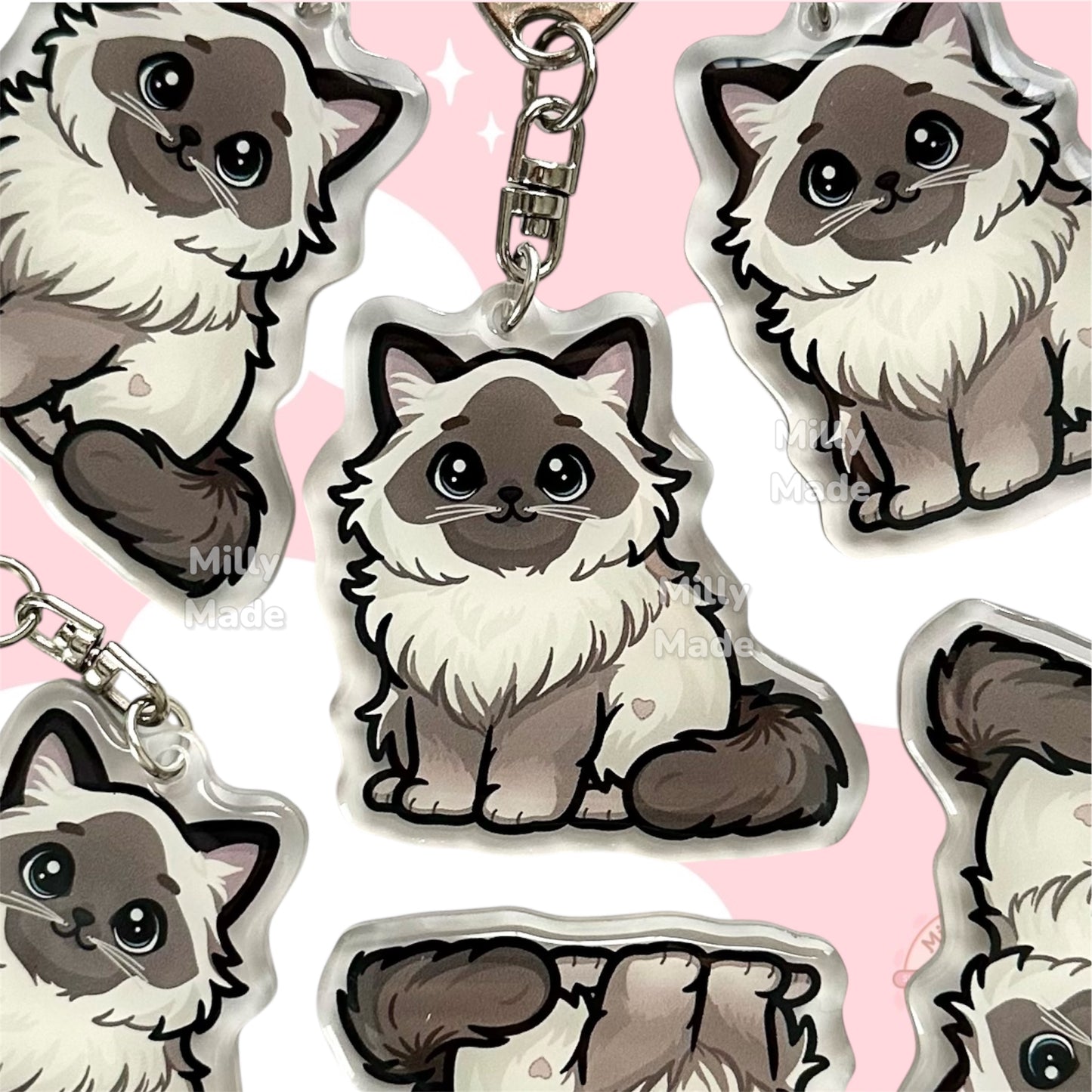 Blue Point Ragdoll Himalayan Cat Acrylic Keychain with Epoxy Resin | Easy-Clip, Cute Cat Cartoon, Hand-Drawn Design, Cat Lover Gift