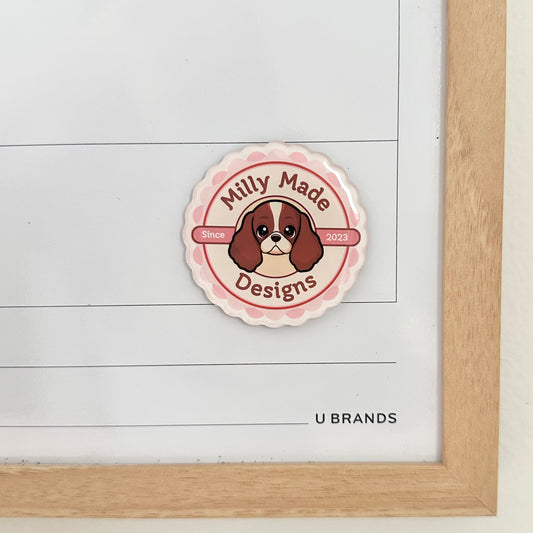 Milly Made Designs Logo Acrylic Magnet with Epoxy Resin | Scratch-Free | Full Magnet Backing