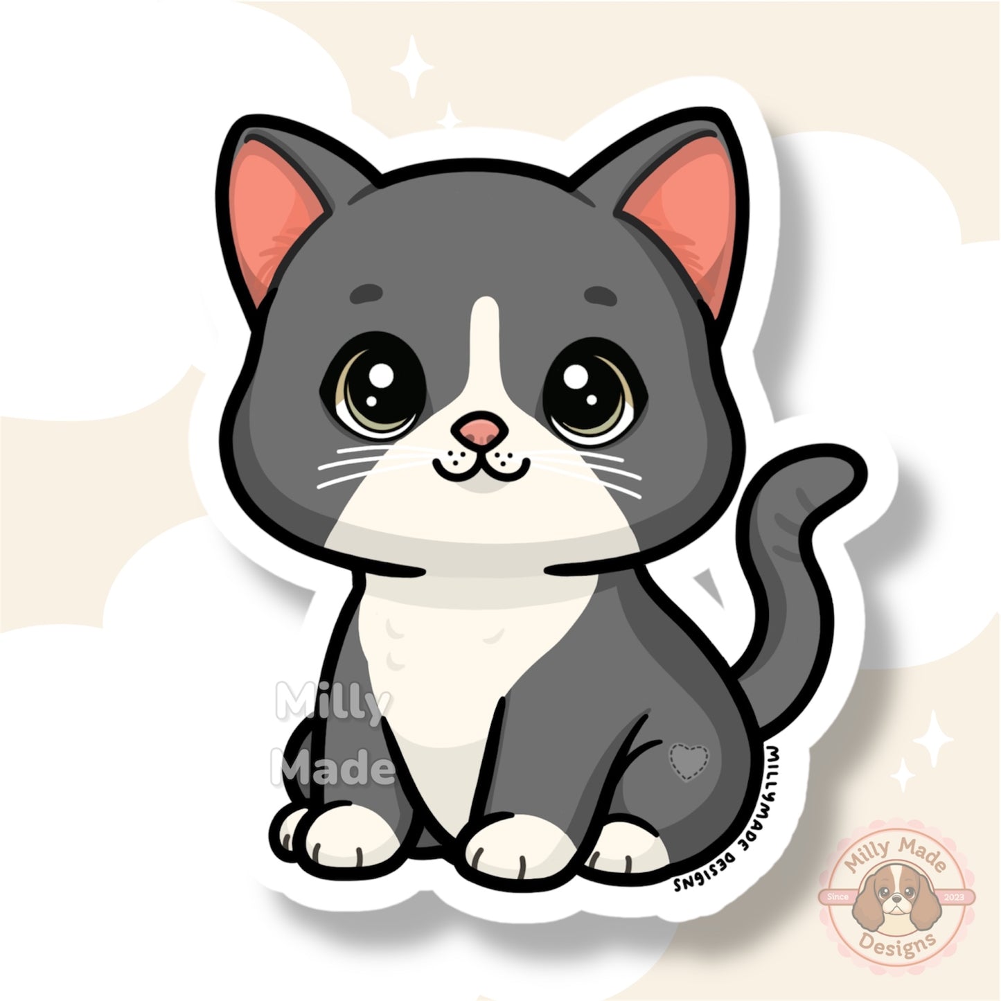 Gray Shorthaired Tuxedo Cat Sticker | Cute Cartoon Vinyl Decal | Durable | For Laptops, Journals | Cat Lover Gift