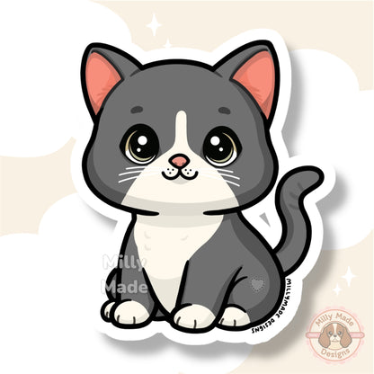 Gray Shorthaired Tuxedo Cat Sticker | Cute Cartoon Vinyl Decal | Durable | For Laptops, Journals | Cat Lover Gift
