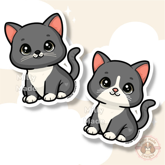 Gray Shorthaired Tuxedo Cat Sticker | Cute Cartoon Vinyl Decal | Durable | For Laptops, Journals | Cat Lover Gift