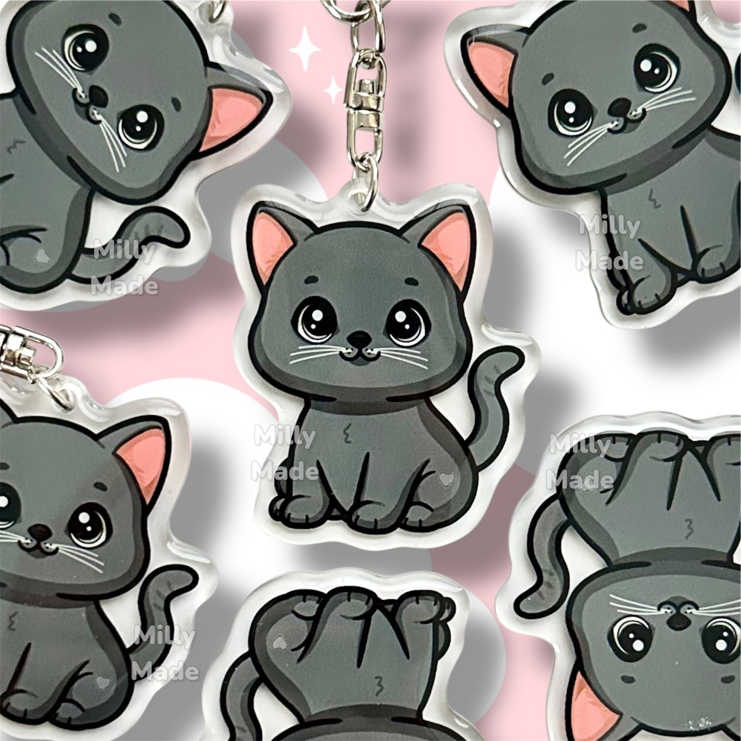 Gray Shorthaired Cat Acrylic Keychain with Epoxy Resin | Easy-Clip, Cute Cat Cartoon, Hand-Drawn Design, Cat Lover Gift