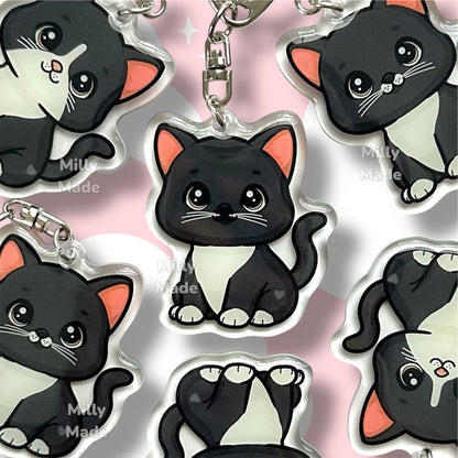 Black Shorthaired Tuxedo Cat Acrylic Keychain with Epoxy Resin | Easy-Clip, Cute Cat Cartoon, Hand-Drawn Design, Cat Lover Gift