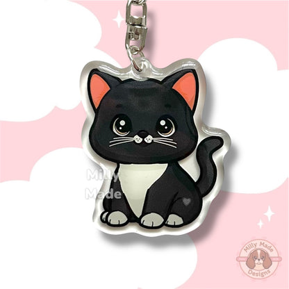 Black Shorthaired Tuxedo Cat Acrylic Keychain with Epoxy Resin | Easy-Clip, Cute Cat Cartoon, Hand-Drawn Design, Cat Lover Gift