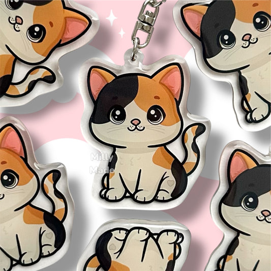 Calico Shorthaired Cat Acrylic Keychain with Epoxy Resin | Easy-Clip, Cute Cat Cartoon, Hand-Drawn Design, Cat Lover Gift