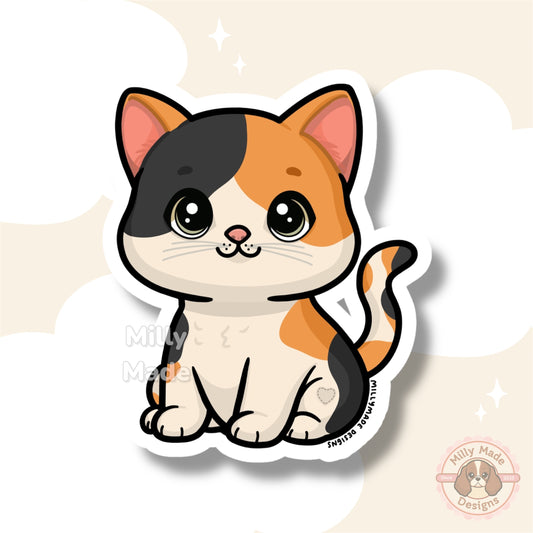 Calico Shorthaired Cat Sticker | Cute Cartoon Vinyl Decal | Durable, Fade-Resistant | For Laptops, Journals | Cat Lover Gift
