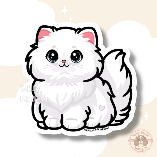 White Persian Longhaired Cat Sticker | Cute Cartoon Vinyl Decal | Durable, Fade-Resistant | For Laptops, Journals | Cat Lover Gift