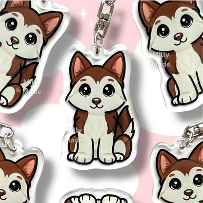 Red Siberian Husky Acrylic Dog Keychain with Epoxy Resin | Easy-Clip, Cute Dog Cartoon, Hand-Drawn Design, Dog Lover Gift