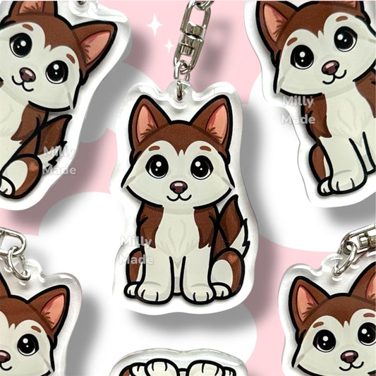 Red Siberian Husky Acrylic Dog Keychain with Epoxy Resin | Easy-Clip, Cute Dog Cartoon, Hand-Drawn Design, Dog Lover Gift