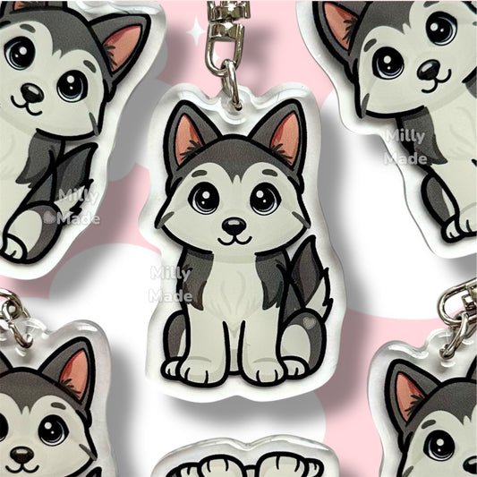 Gray Siberian Husky Acrylic Dog Keychain with Epoxy Resin | Easy-Clip, Cute Dog Cartoon, Hand-Drawn Design, Dog Lover Gift