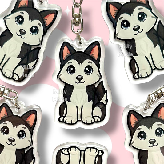 Black Siberian Husky Acrylic Dog Keychain with Epoxy Resin | Easy-Clip, Cute Dog Cartoon, Hand-Drawn Design, Dog Lover Gift
